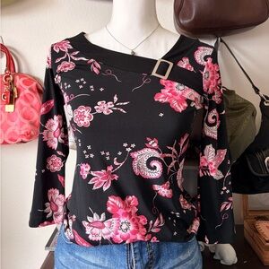 Y2K Elegant Black and Pink Floral Women's Blouse